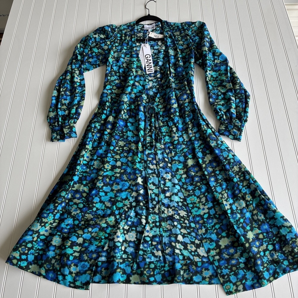 NWT Ganni Wrap Dress Azure Blue Floral V Neck Long Sleeve Silk Blend Sz 0 XXS
